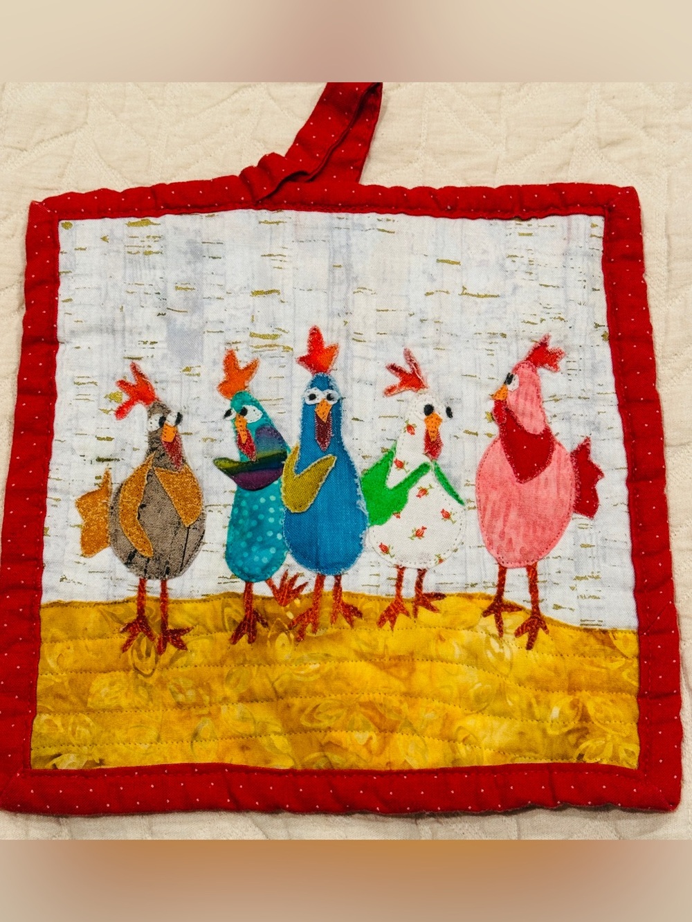 Handmade Whimsical Colorful Rooster Quilt Potholder Wall Decor Red Trim New NWOT